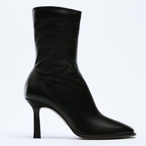 Zara Black Genuine Leather Heeled Ankle Boots